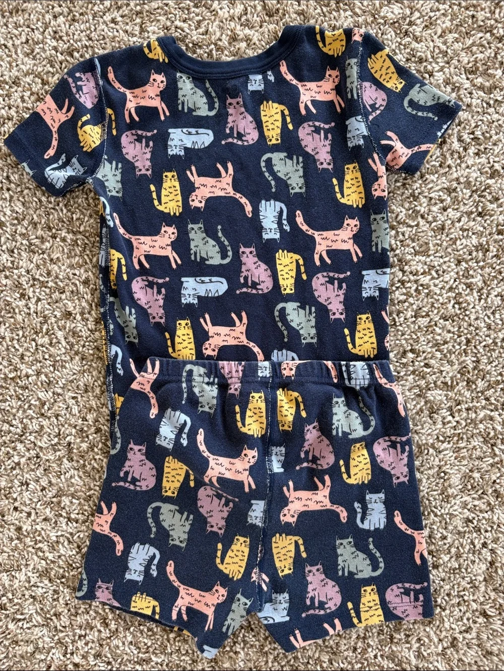 Quince Navy Short-Sleeve Cat Print Pajama Set - Pink, Yellow, Blue, Green, Gray